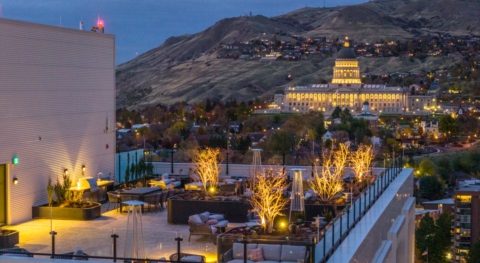 Seraph's rooftop terrace overlooking Downtown Salt Lake City and the Utah State Capitol